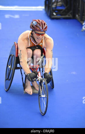 London, UK. 30th May, 2015. Geert Schipper (NED) sticking his tongue out after finishing the Men's PT1 Paratriathlon. Schipper won silver with a time of 01:03:24. Credit:  Michael Preston/Alamy Live News Stock Photo