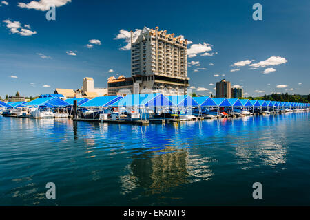 Marina and buildings along Lake Coeur d'Alene, in Coeur d'Alene, Idaho. Stock Photo