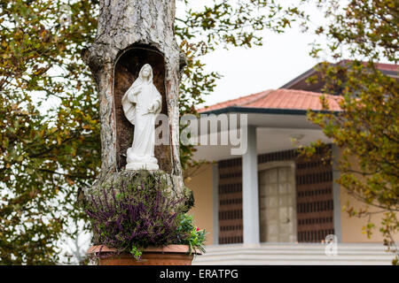 Statue of the Our Lady in hollow trunk the garden in front of the church dedicated to the Blessed Virgin Mary in the village of Santa Maria in Fabriago near Ravenna in the countryside of Emilia Romagna in Northern Italy. Stock Photo