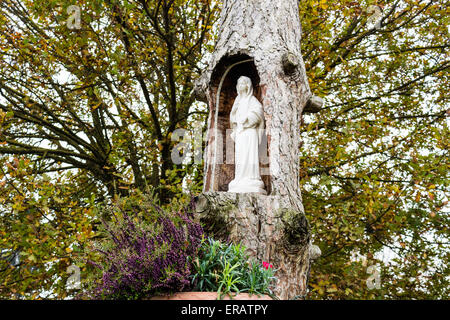 Statue of the Our Lady in hollow trunk the garden in front of the church dedicated to the Blessed Virgin Mary in the village of Santa Maria in Fabriago near Ravenna in the countryside of Emilia Romagna in Northern Italy. Stock Photo