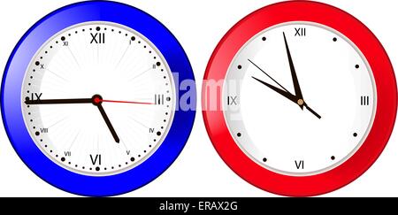 The blue and red wall clock on a white background Stock Vector