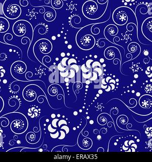 White abstract seamless pattern of flowers and spirals on a blue background Stock Vector