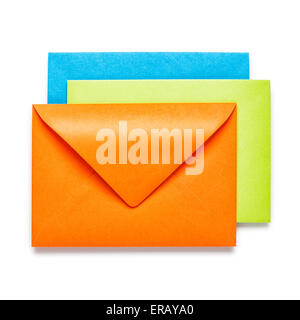 Orange, green and blue envelopes on white background, clipping path included Stock Photo