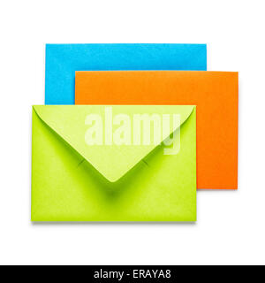 Green, orange and blue envelopes on white background, clipping path included Stock Photo