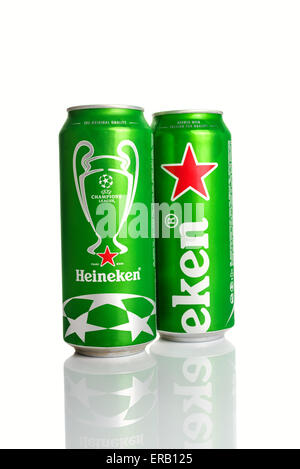 NOVI SAD, SERBIA - MAY 14, 2015: Heineken Beer Can with UEFA Champions League Logo as Illustrative Editorial. This Brewer has Ex Stock Photo