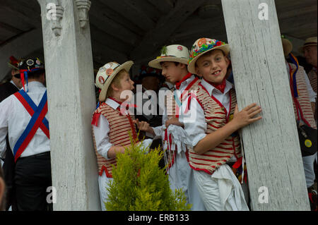 Thaxted, Essex, UK. 31st May, 2015. The Thaxted Morris Weekend, Thaxted and surrounding villages, Thaxted, Essex, England. 31 May 2015 Seen here: Morris Dancers process from the 14th cent. ancient Guildhall in the centre of Thaxted to the Thaxted Church for morning service and offeratory dance. 21 teams or 'sides' of Morris Men including teams from Holland , Denmak and Australia danced through the villages such as Finchingfield in rural north Essex during the start of the 345th meeting of the member clubs of the Morris Ring and the 82nd meeting hosted by the Thaxted Morris Men. © BRIAN HARRIS/ Stock Photo