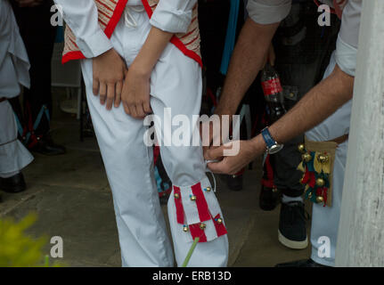 Thaxted, Essex, UK. 31st May, 2015. The Thaxted Morris Weekend, Thaxted and surrounding villages, Thaxted, Essex, England. 31 May 2015 Seen here: Morris Dancers process from the 14th cent. ancient Guildhall in the centre of Thaxted to the Thaxted Church for morning service and offeratory dance. 21 teams or 'sides' of Morris Men including teams from Holland , Denmak and Australia danced through the villages such as Finchingfield in rural north Essex during the start of the 345th meeting of the member clubs of the Morris Ring and the 82nd meeting hosted by the Thaxted Morris Men. © BRIAN HARRIS/ Stock Photo