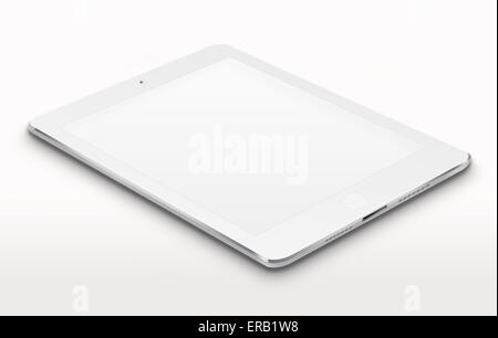 Realistic tablet computer with blank screen on gray background. Highly detailed illustration. Stock Photo