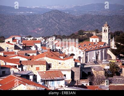 Elevated view of the town and the Holy Cross Church, Pano Lefkara, Cyprus. Stock Photo