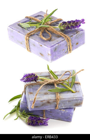 closeup of lavender soap bars with fresh flowers isolated on white background Stock Photo