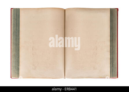 Open old book isolated on white background. Grungy worn paper texture