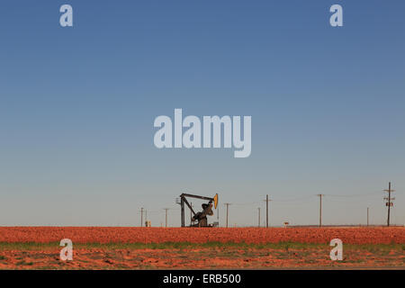 A photograph of working inland oil pump (oil donkey, nodding donkey) in the oil fields of West Texas, USA. Stock Photo