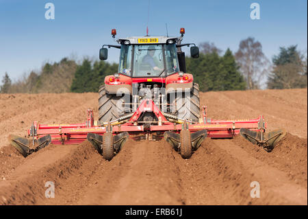 Making ridges for potato crop using a ridger pulled by a Massey Ferguson 7624, Yorkshire, UK Stock Photo