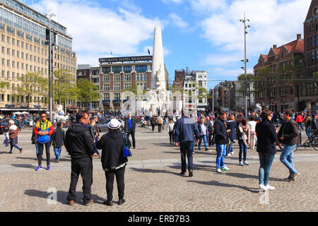 Amsterdam's Dam square with the National monument in the background, Dam square is located half a mile from Amsterdam central Stock Photo