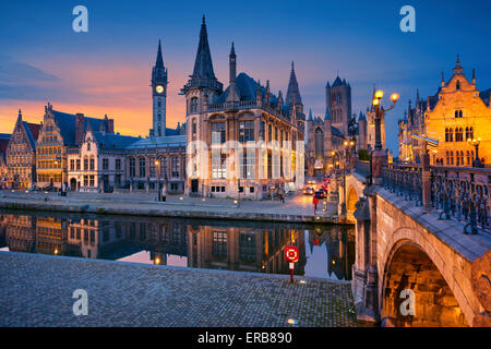 Ghent. Image of Ghent, Belgium during twilight blue hour. Stock Photo