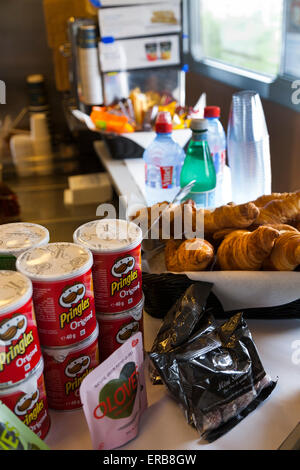 Display of pastries in the buffet carriage on the Eurostar train departing from Paris (Brussels). Stock Photo