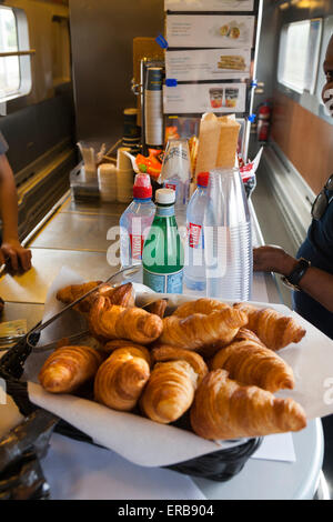 Display of pastries in the buffet carriage on the Eurostar train from Paris (Brussels). Stock Photo