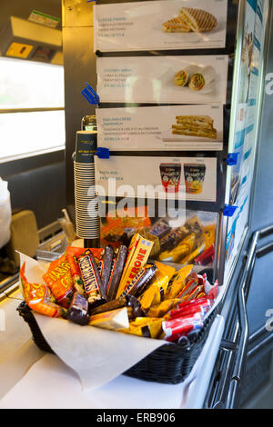 Display of pastries in the buffet carriage on the Eurostar train departing from Paris (Brussels). Stock Photo