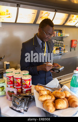 Display of pastries in the buffet carriage on the Eurostar train to departing from Paris (Brussels). Stock Photo