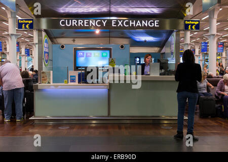 ICE bureau de change – International currency exchange – in the Eurostar departure lounge St Pancras International train station London UK