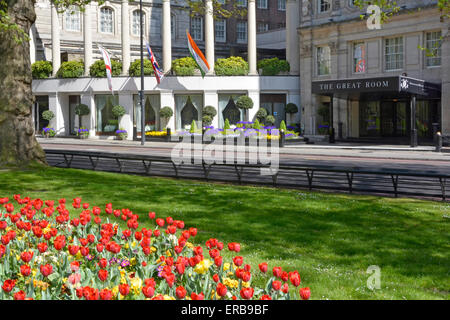 Grosvenor House hotel in Park Lane Mayfair flowers outside the Great Room ballroom West End London England UK managed by JW Marriott Hotels Stock Photo