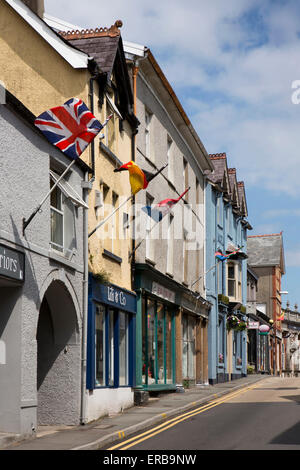 Wales, Carmarthenshire, Llandeilo, Rhosmaen Street shops with international flags flying Stock Photo