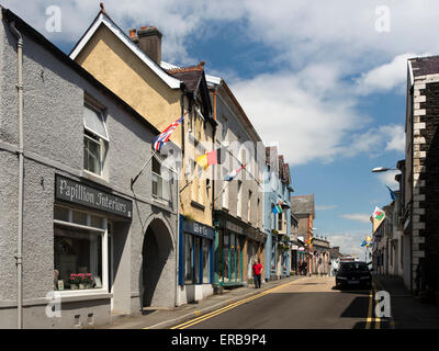 Wales, Carmarthenshire, Llandeilo, Rhosmaen Street shops with international flags flying Stock Photo