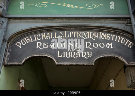 Wales, Carmarthenshire, Llandeilo, Rhosmaen Street, historic Public Hall and Literary Institute sign Stock Photo