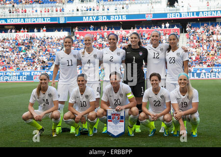 May 30, 2015: The USA Women's National Team stands for a team picture featuring USA Women's National Team goalkeeper Hope Solo (1), USA Women's National Team forward Abby Wambach (20) USA Women's National Team forward Christen Press (23) USA Women's National Team defender Ali Krieger (11), USA Women's National Team forward Sydney Leroux (2), USA Women's National Team midfielder Lauren Holiday (12), USA Women's National Team midfielder Carli Lloyd (10) during the United States Womens vs. Korea Republic- International Friendly at Redbull Arena in Harrison, NJ. The US Women's National Team played Stock Photo