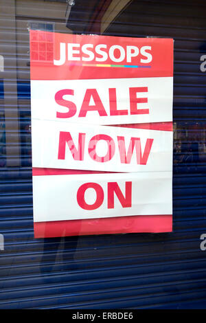 Sale Now On sign displayed in the window of a closed down Jessops camera store in Salisbury, Wiltshire, United Kingdom. Stock Photo