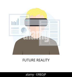 Man Wearing Head Mounted Display and Working with Documents. Flat Icon Illustration Stock Photo