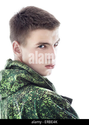 young military man, closeup portrait isolated on white Stock Photo