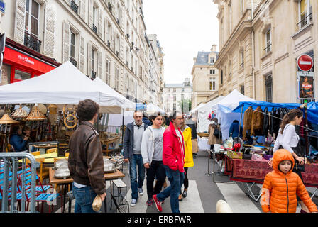 Paris, France, People Shopping French Garage Sale, Brocante, on Street in Le Marais District,  flea market Paris neighbourhood Stock Photo