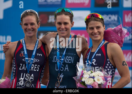 Hyde Park, London, UK. 31st May, 2015. USA women take the top three places, with Gwen Jorgensen first, Katie Zaferes second and Sarah True in Third position. Credit:  Malcolm Park editorial/Alamy Live News Stock Photo