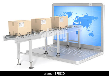 Industrial Conveyor with cardboard Boxes connected to Laptop Screen. World map. Back light. Stock Photo