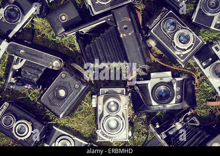 Collection of old vintage retro film analogue cameras lying on green grass lawn background Stock Photo