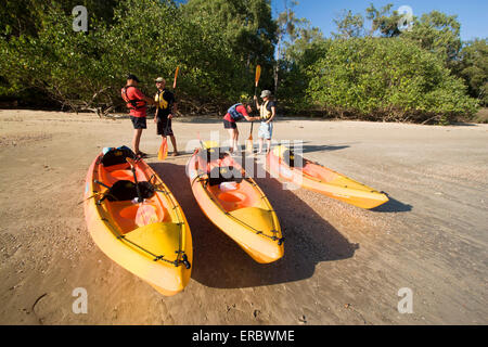 Seawater kayaking is a popular activity for visitors to far north Queensland, Australia. Stock Photo