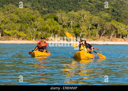 Seawater kayaking is a popular activity for visitors to far north Queensland, Australia. Stock Photo