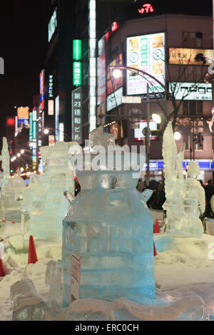 During the annual Snow Festival in Sapporo, the Susukino entertainment district is host to large ice sculptures. Stock Photo