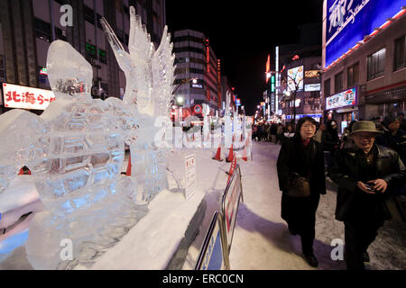 During the annual Snow Festival in Sapporo, the Susukino entertainment district is host to large ice sculptures. Stock Photo