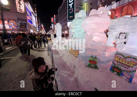 During the annual Snow Festival in Sapporo, the Susukino entertainment district is host to large ice sculptures. Stock Photo