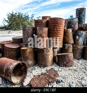 A group of rusty cans in the desert by the Salton Sea, Riverside County, California, U.S.A. Stock Photo