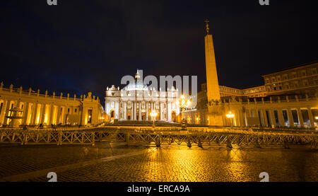 St. Peter's Square with St. Peter's Basilica and obelisk at night, Vatican City, Rome, Lazio, Italy
