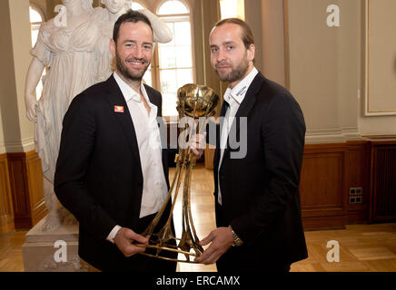 Berlin, Germany. 01st June, 2015. Team captain Iker Romero (L) and goalkeeper Silvio Heinevetter pose during the team's reception with the Governing May of Berlin in Berlin, Germany, 01 June 2015. Photo: Jörg Carstensen/dpa/Alamy Live News Stock Photo