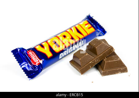 Yorkie chocolate bar on white background with open bar by the side Stock Photo