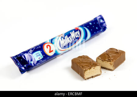 Milky way chocolate bar on white background with open cut up bar by the side Stock Photo