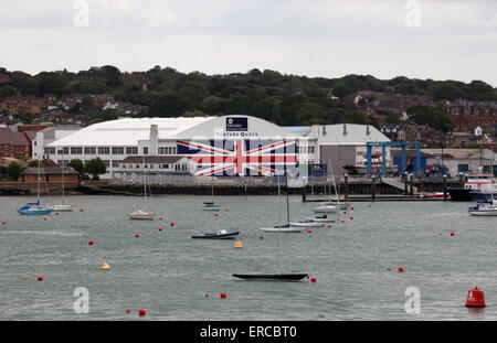 World's largest Union Flag painted on the doors of Venture Quays in Cowes on the Isle of Wight. Stock Photo