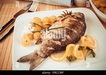 Grilled fish with rosemary potatoes and lemon, toned vignette Stock Photo