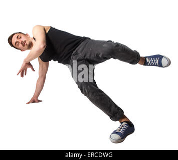 Break dancer doing one handed handstand against a white background Stock Photo