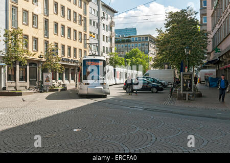Modern tram in Düsseldorf city center on the route which in 2016 is destined to be replaced by the new underground line, Germany Stock Photo